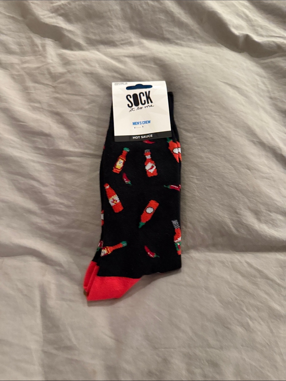 Sock It To Me Men's Crew Socks - Black with Red Hot Sauce Motif